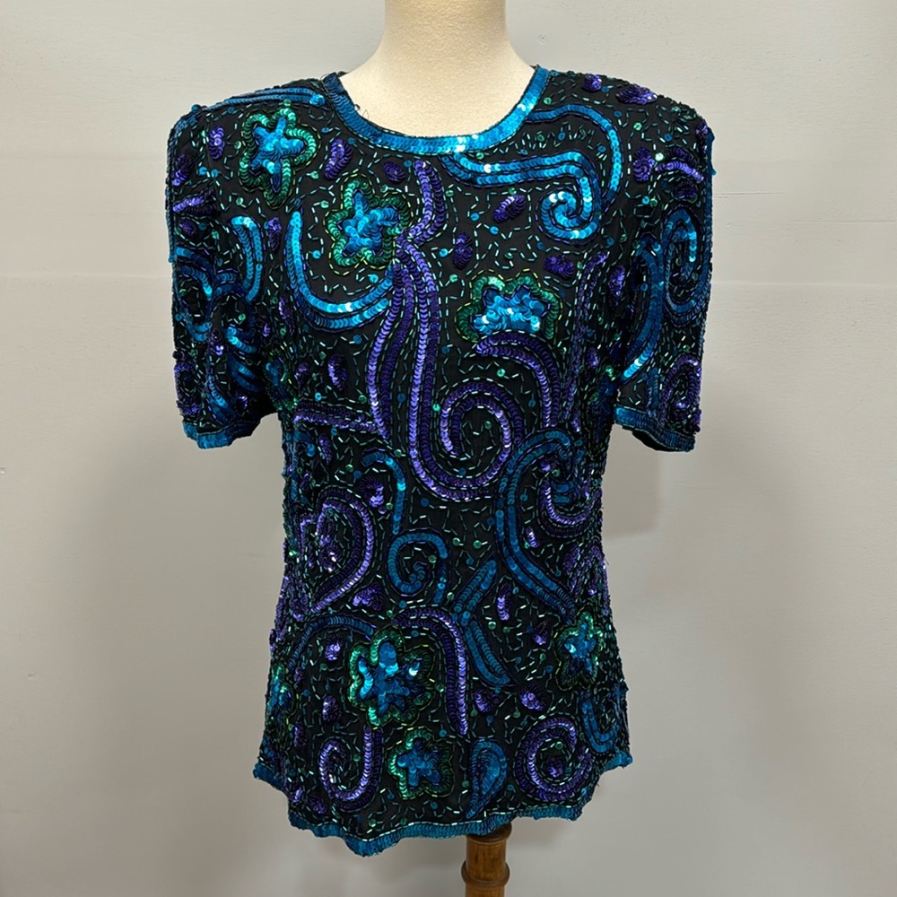 Vintage Lawrence Kazar New York embellished silk blouse women’s sz S, as is